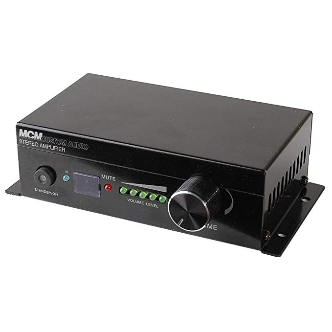 MCM Custom Audio 50-14802 Compact Rugged 30W Stereo Amplifier; IR Remote Control of Power, Volume and Mute; Motorized Rotary Volume Control; 3.5mm IR Input Port