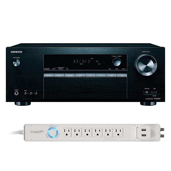 Onkyo TX-SR353 5.1 Channel A/V Receiver with HDCP2.2/HDR and Bluetooth and Panamax 6-Outlet Floor Power Strip with USB Charging