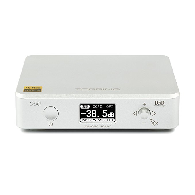 TOPPING D50 HiFi Audio DAC ES9038Q2M2 XMOS XU208 DSD512 USB 32Bit/768KHz DSD512 Decoder (Silver)