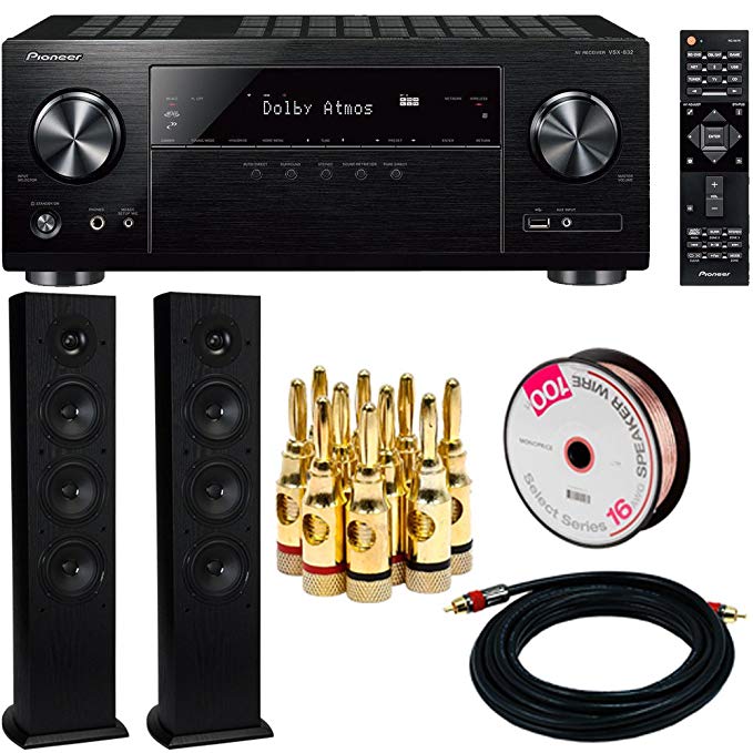 Pioneer VSX-832 5.1-CH Network AV Receiver UHD Pass-through HDCP 2.2 + 2x Floorstanding Loudspeaker + 100ft 16 AWG Speaker Wire + 15FT High-Quality Coaxial Audio/Video Cable + More