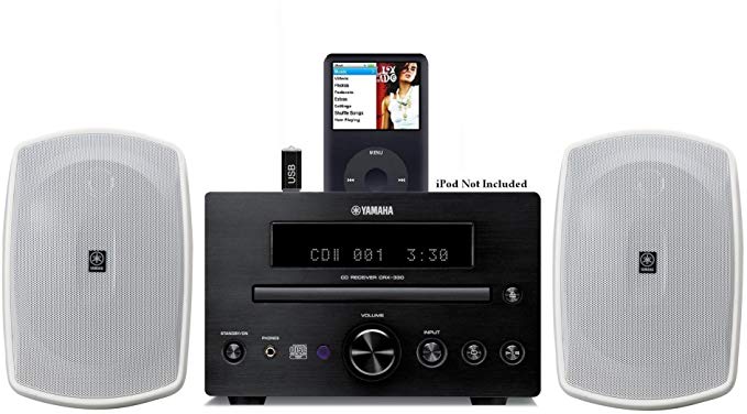 Yamaha Natural Sound Micro Home Theater Receiver Sound System with Integrated iPod Docking Station, High Quality CD Player, USB Port for Flash Drive & All Weather Indoor / Outdoor Speakers (Speakers are White) 50ft 16 AWG Speaker Wire Included