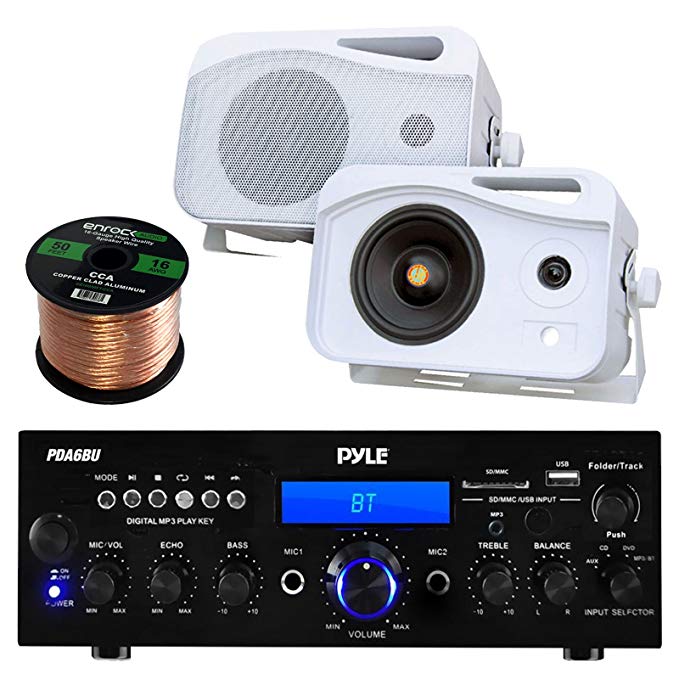 Pyle PDA6BU Amplifier Receiver Stereo Bundle With 2 Pyle PLMR26 5'' 500 Watt 3-Way Weather Proof Speakers - Enrock 50ft 16g Speaker Wire