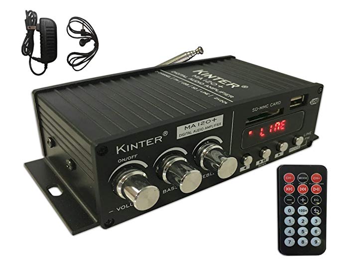 KINTER MA120+ 2-Channel Auto Home Cycle Mini Digital Amplifier USB/MP3/FM Amplifier With Remote Control and Extension Cable with 12V 3A Power Supply Black