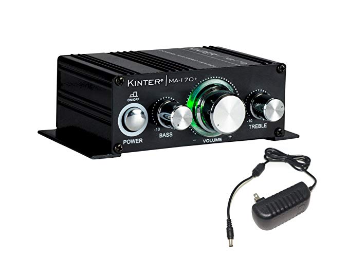 KINTER MA170+ 2-Channel Auto Home Cycle DIY 2 x 18 W Mini Amplifier Bass Treble RCA Input Audio Mini Amplifier with 12V 3A Power Supply Black